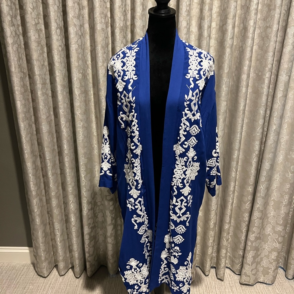 Chico's Royal Blue Kimono with White Detailing